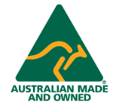 Logo with a green triangle, yellow kangaroo, and text 'Australian Made and Owned' on a white background.
