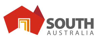 Logo of South Australia with red abstract shapes on a white background