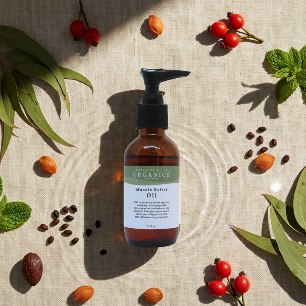 Organic Muscle Relief Oil warming herbal massage blend - Adelaide Hills Organics
