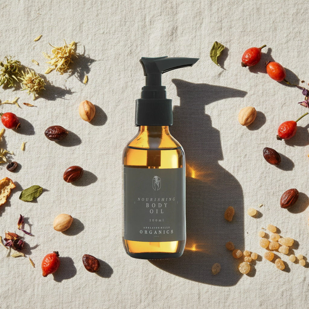 Nourishing Body Oil with rosehip, argan and frankincense flat lay - Adelaide Hills Organics