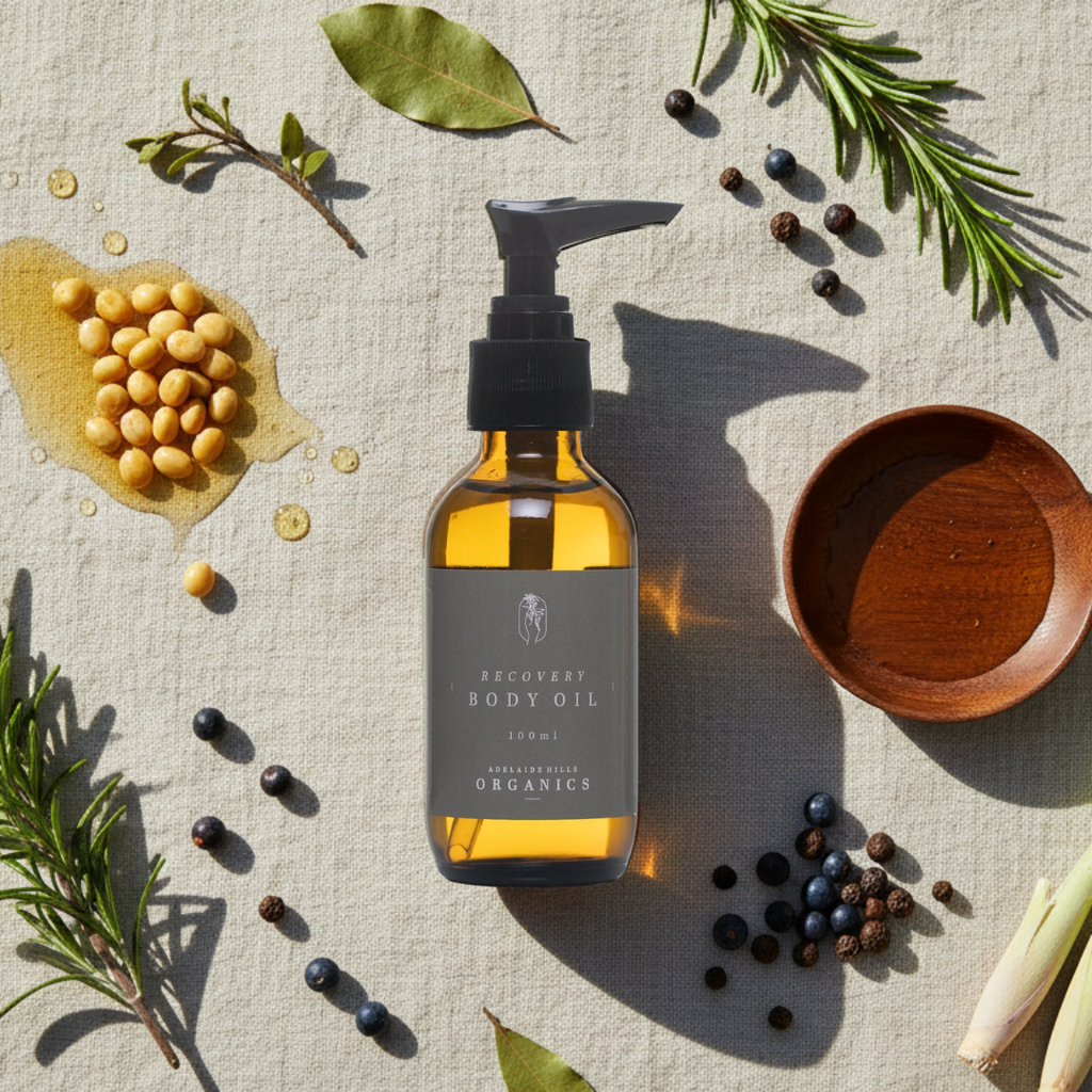 Recovery Body Oil with rosemary, juniper berry and black pepper flat lay - Adelaide Hills Organics