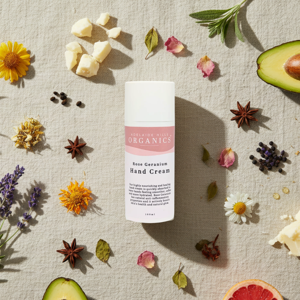 Rose Geranium hand cream lifestyle and texture - Adelaide Hills Organics