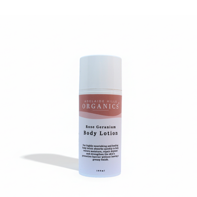 Rose Geranium Body Lotion 100ml with grapeseed and shea butter - Adelaide Hills Organics
