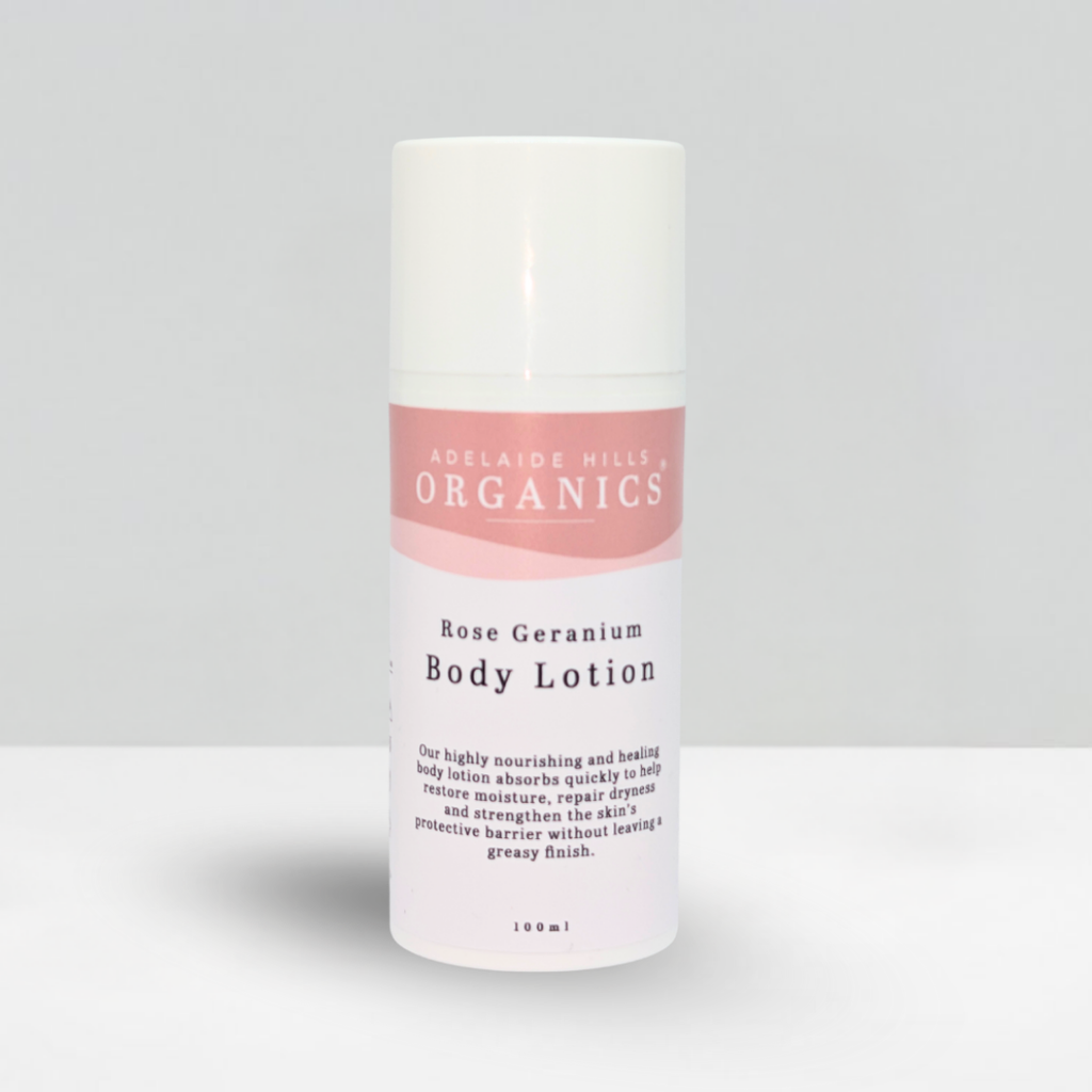 Rose Geranium Body Lotion 100ml bottle front view - Adelaide Hills Organics