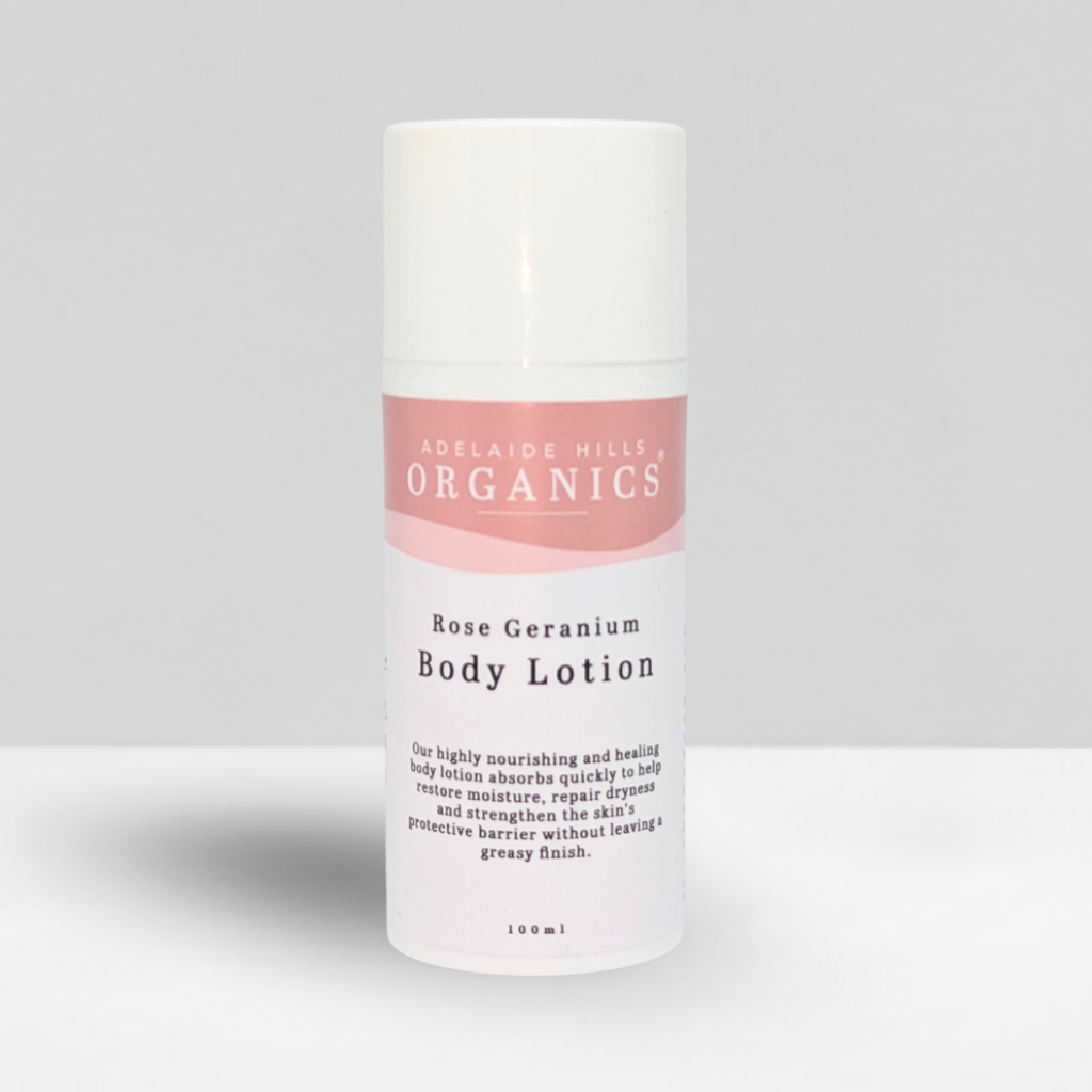 Rose Geranium Body Lotion 100ml bottle on grey - Adelaide Hills Organics