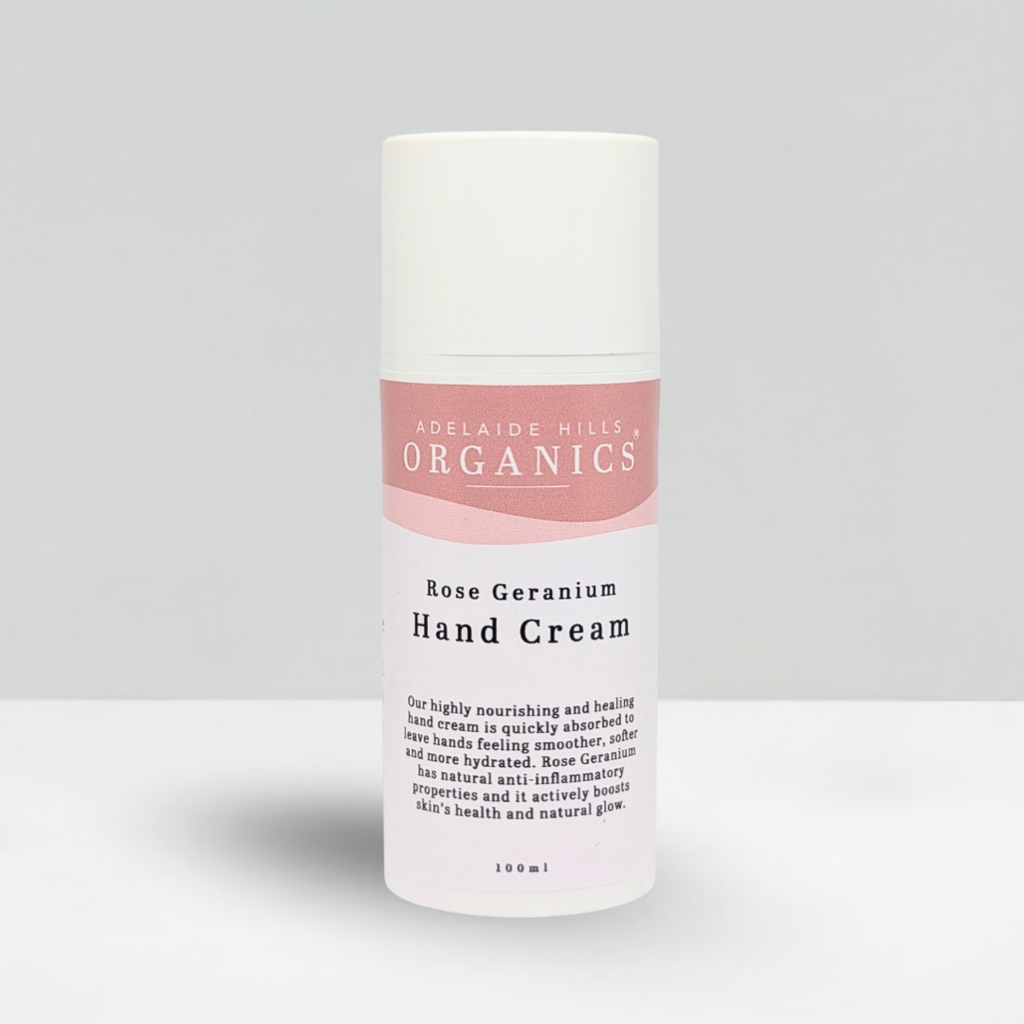 Rose Geranium Hand Cream 100ml bottle front view - Adelaide Hills Organics