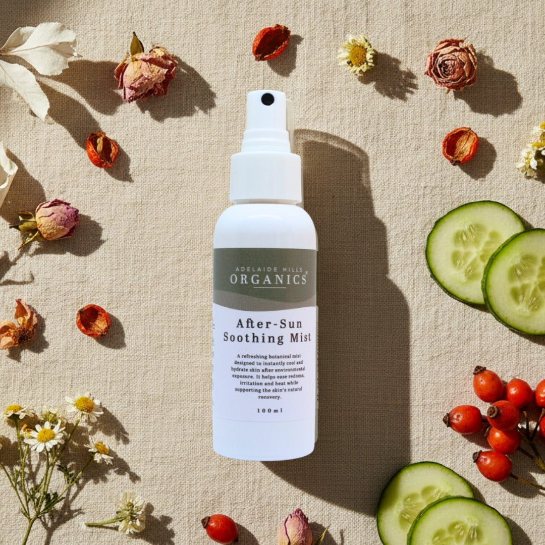 After-Sun Soothing Mist with rose, chamomile and cucumber flat lay - Adelaide Hills Organics