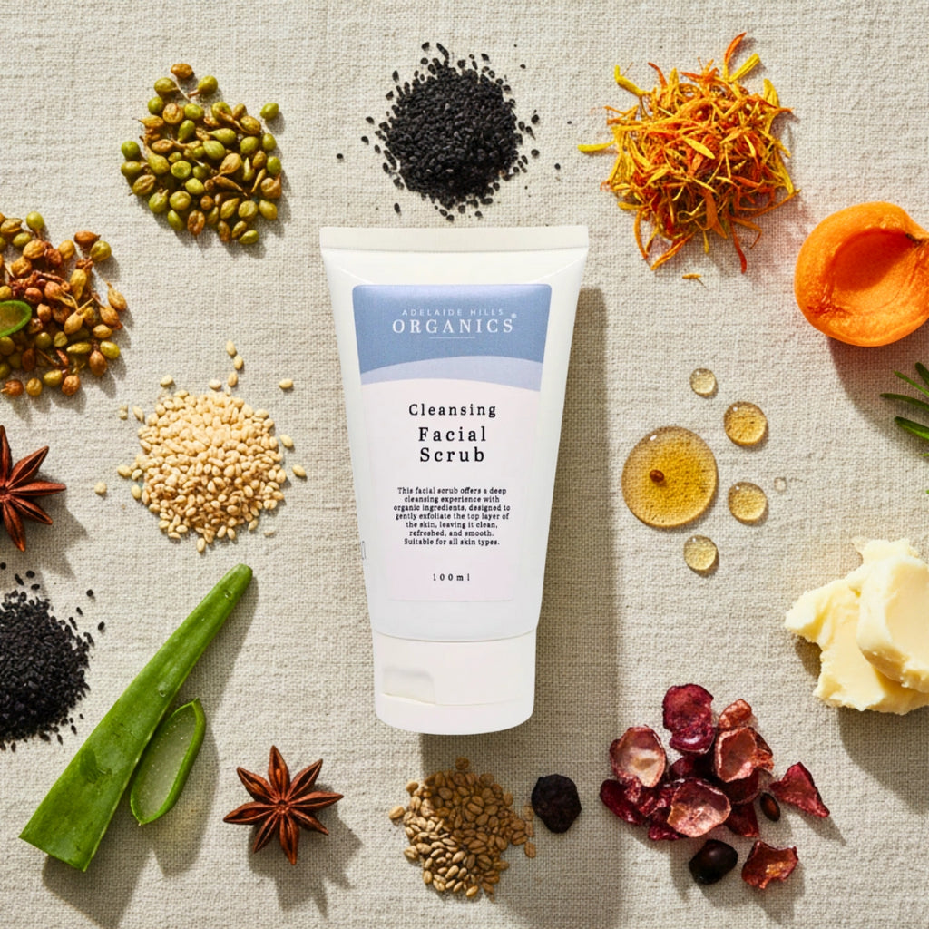 Cleansing Facial Scrub with apricot, aloe vera and star anise flat lay - Adelaide Hills Organics