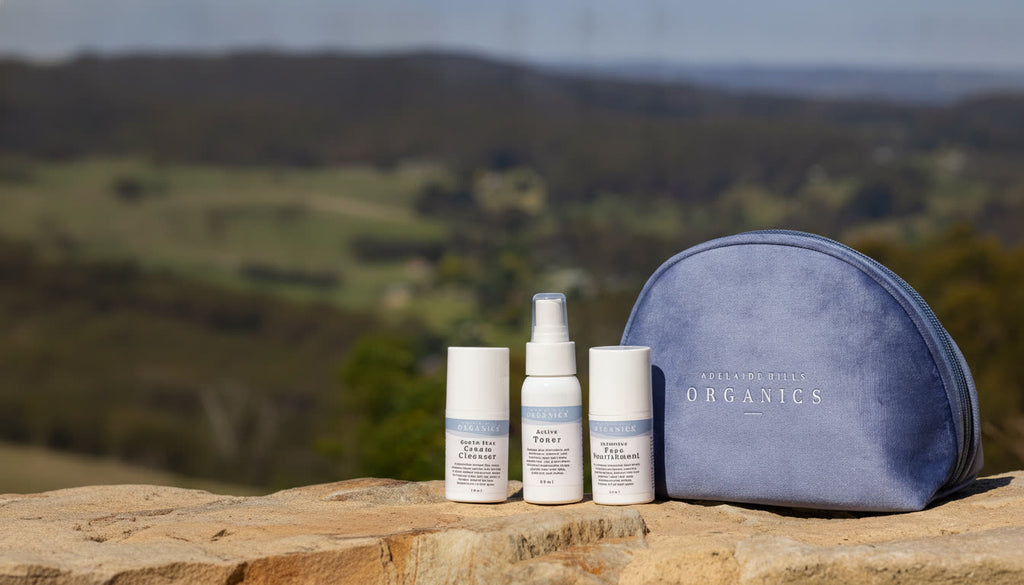 Adelaide Hills Organics travel set on a sandstone ledge above the Adelaide Hills